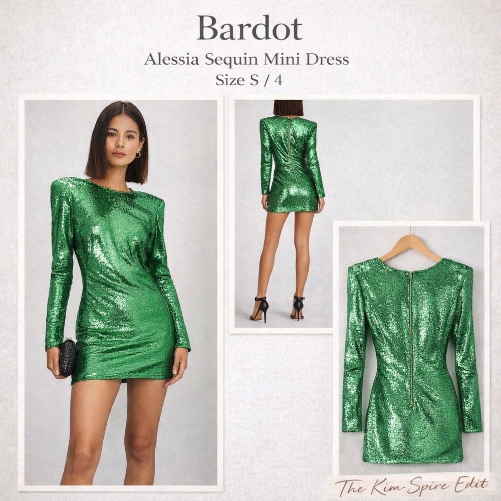 Bardot Alessia Sequin Mini Dress Size 4 Green Long Sleeve Party Glam Holiday